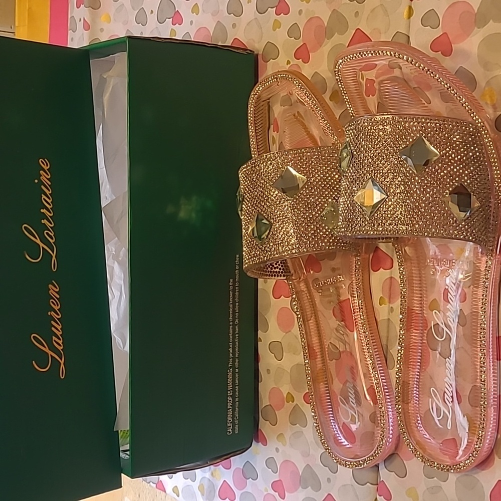 Lauren Lorraine Rose Gold Jeweled Slide Sandals